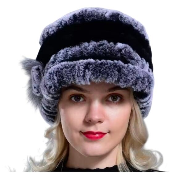 Russian Winter Rex Rabbit fur brimmed peaked hat black/gray Mob Wife Luxury - Picture 2 of 8